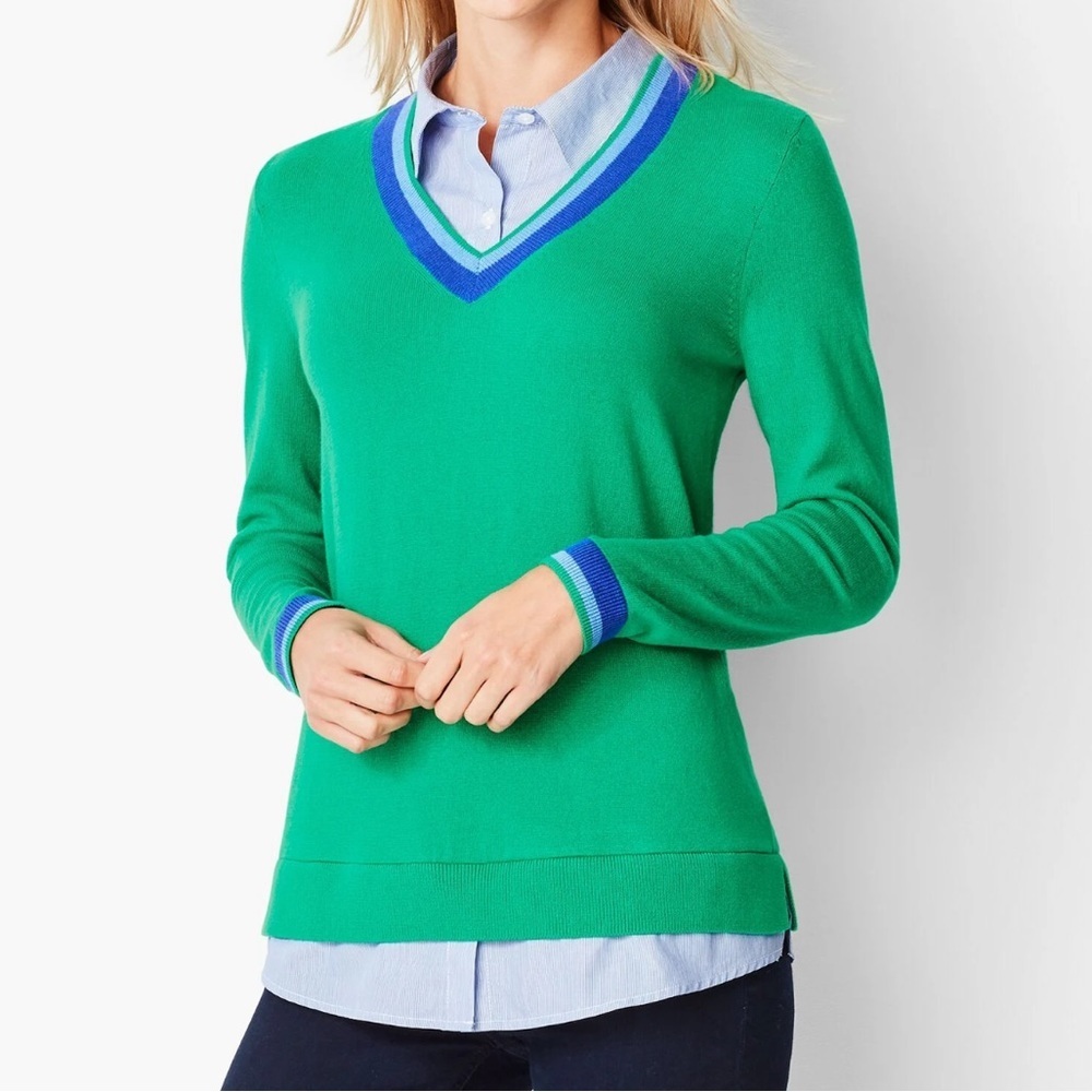 Talbots Green Cashmere Blend Cricket V-Neck Sweater